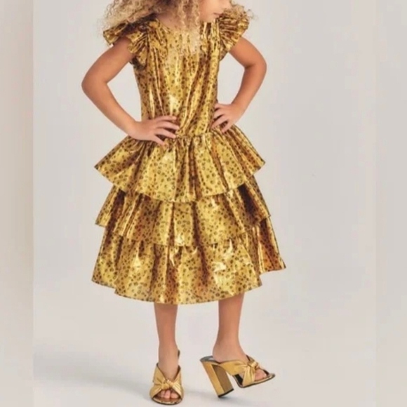 New Girls Love Shack Fancy Callie Gold Metallic Dress Size 12Y - Picture 2 of 12